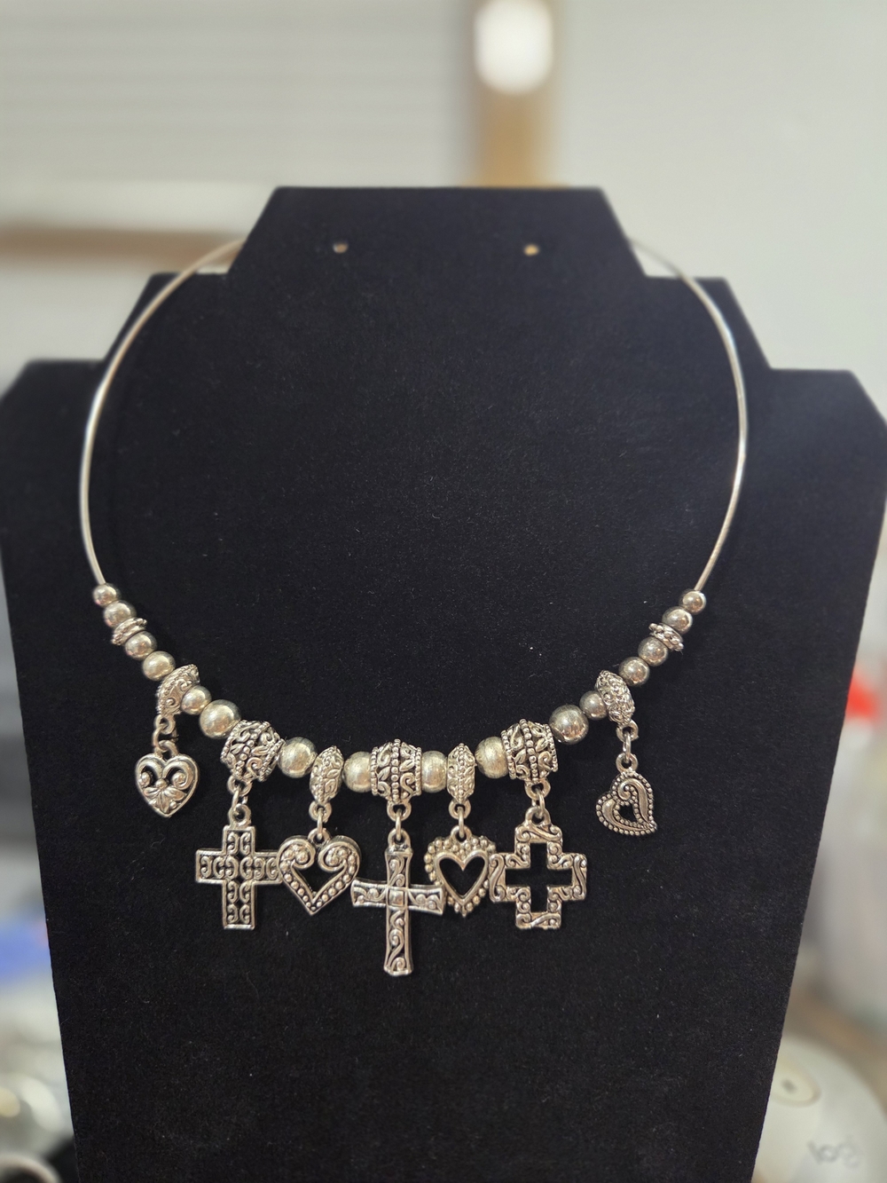 Silver Tone Heart & Cross Charm Necklace - Women Jewelry